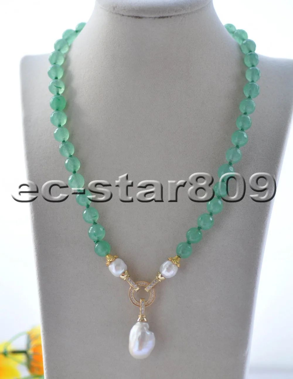 

Z10123 19" Round Green Jade White Keshi Pearl Choker Necklace Pendant CZ