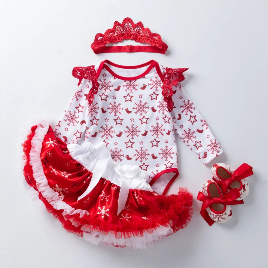 

Red Baby Girls Tutu Dress My First Christmas Snowflakes Stars Wing Romper New Year Infant Girl Outfit Crown Headband