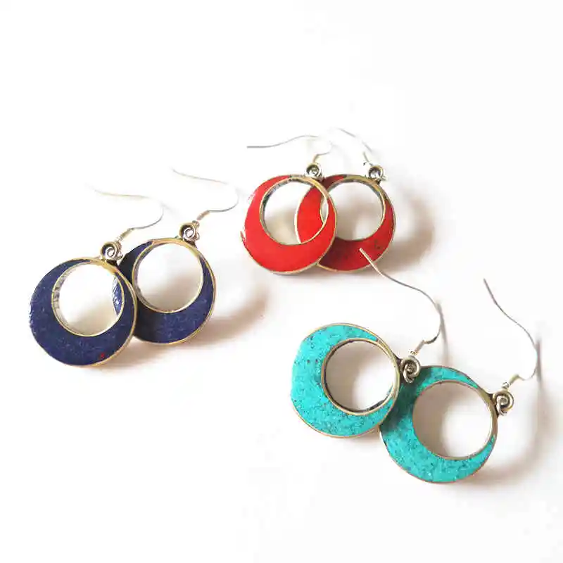 E128 Ethnic Vintage Earring Circle Charm Earrings Nepal Lovely Moon Ear ring