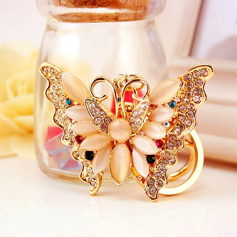 Creative jewelry pendant key chain opal butterfly car key chain lady bag accessories metal melon scissors insect key chain