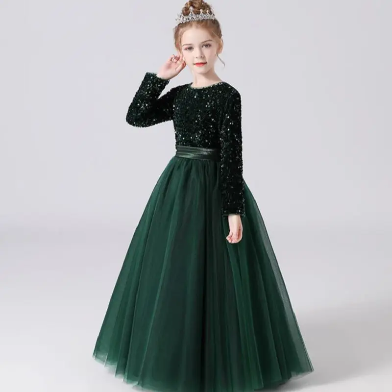 

Dideyttawl Customized Sequin Tulle Long Sleeve Flower Girl Dresses Wedding Bridesmaid Evening Party Dress For Girls Pageant Gown