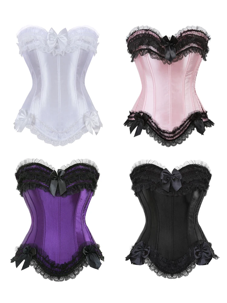 Sexy satijnen bovenborstcorset top kanten strik versierd clubwear showgirl body shaper plus maat