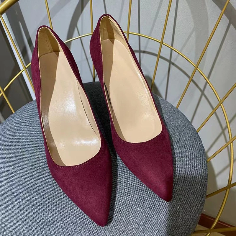 Heelgoo Burgundy stado kobiety Pointy Toe klasyczne szpilki formalne buty eleganckie damskie wino czerwone zamszowe czółenka na szpilkach rozmiar