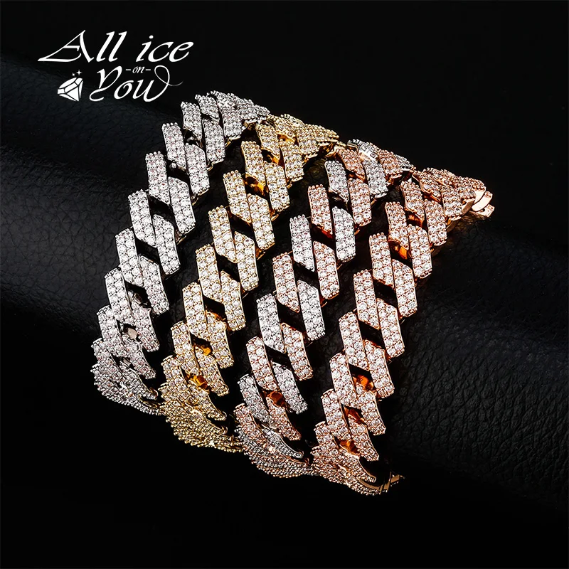 ALLICEONYOU 16MM High Quality Cuban Chain Bracelet With Box clasp Iced Out Micro Cubic Zirconia Hip Hop Heavy Jewelry For Gift