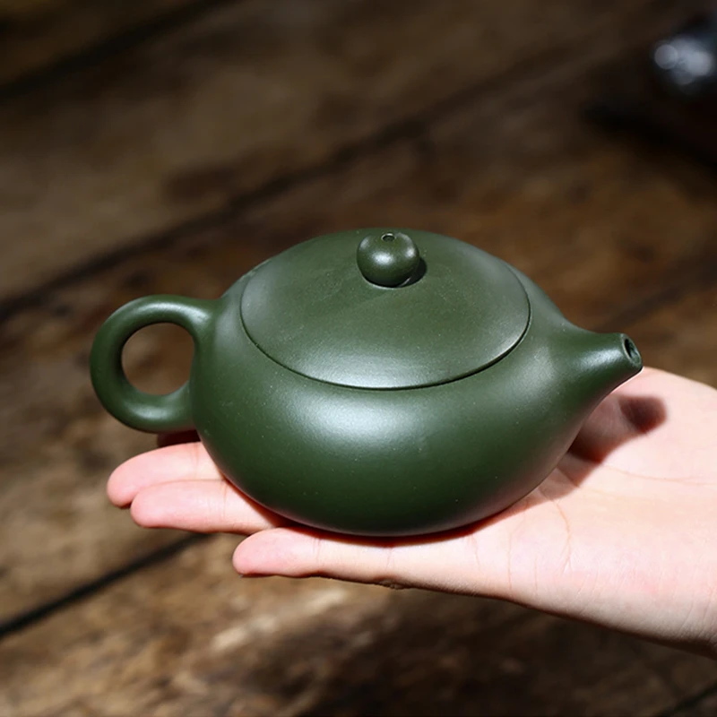 marked tea pot bamboo carved real yixing zisha green clay flat xishi pot Chinese kungfu pot on sales ball shaped infuser holes