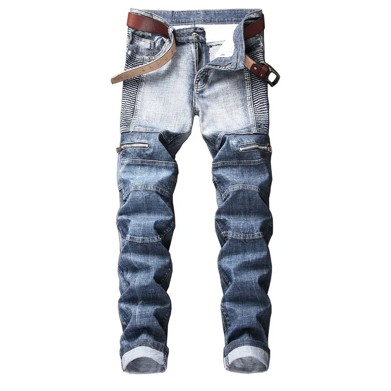 2020 High Quality Men Casual Jeans Coated Slim Straight Pleated Biker Jeans Pants Male Denim Casual Pants Plus Size 42