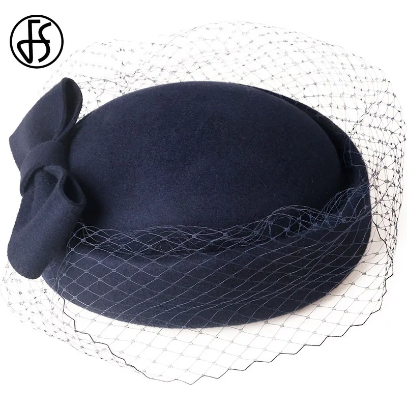 FS Vintage Royal Blue Wool Felt Pillbox Hat Fascinator For Elegant Women Wedding Beret Hat Veil Fedora Ladies Church Caps