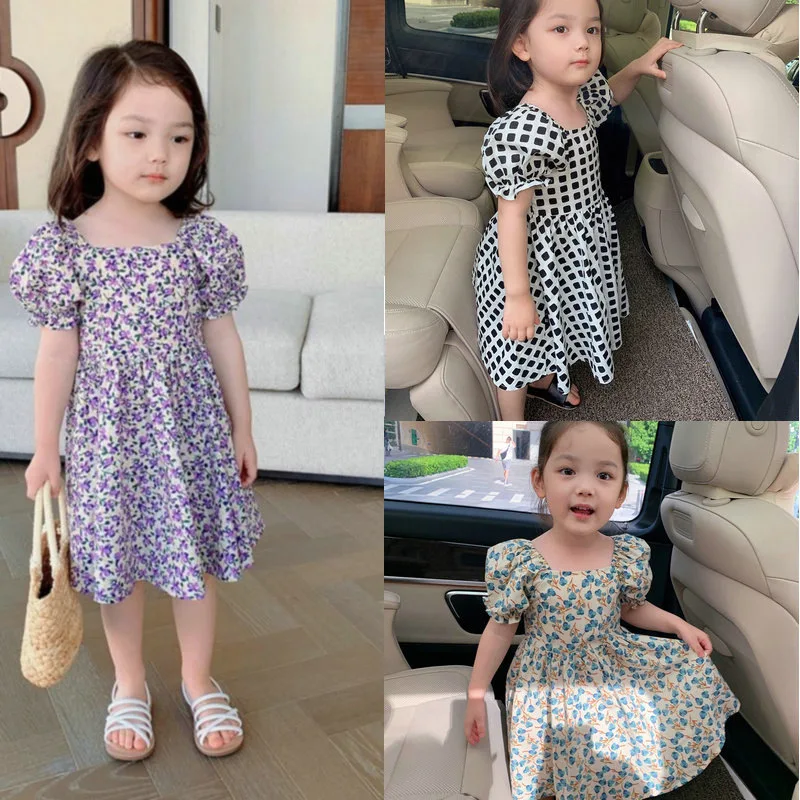 Summer Girls Dress Small Floral Plaid Princess Dress 2021Small Fresh Short-Sleeved Baby Kids Clothes Children\'S Clothing