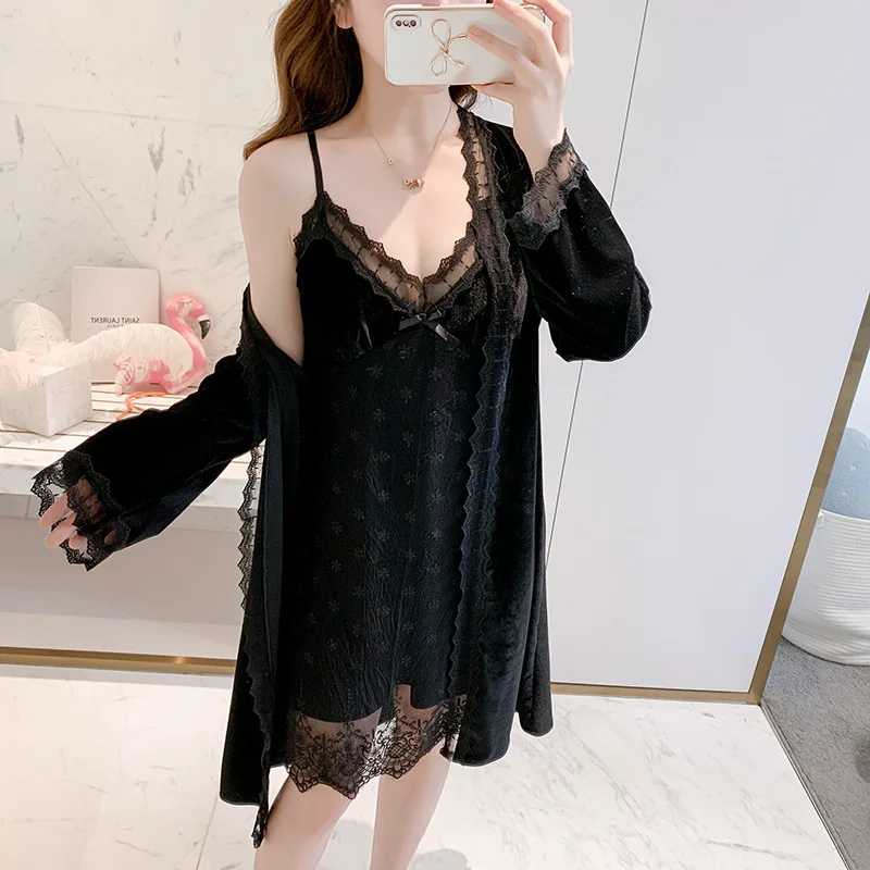 

New Women Velvet Sleepwear Sexy Long Sleeve Kimono Robe Set Intimate Lingerie Casual Home Clothing Novelty Velour Bathrobe Gown