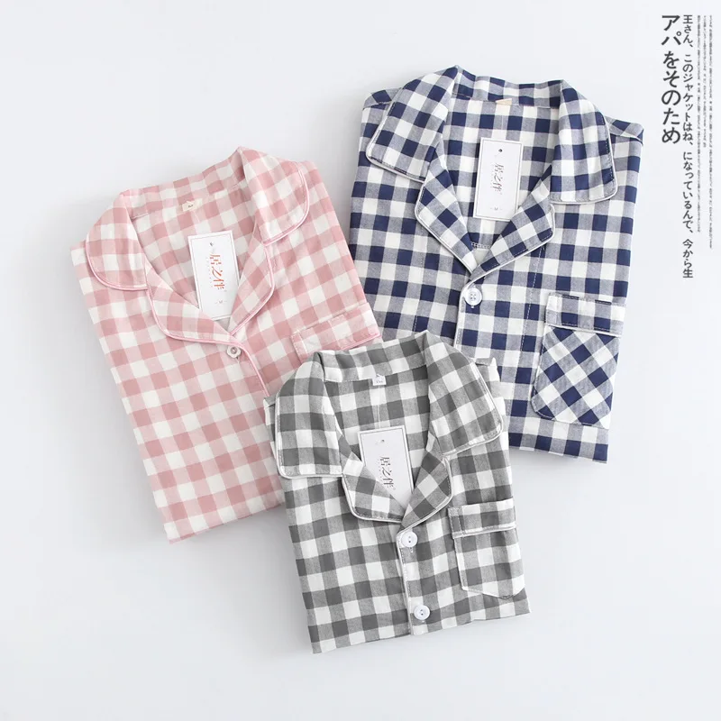 Japanese Simple plaid 100% gauze cotton lovers pajama sets women and men family Parent-child outfit long sleeve sleepwear men