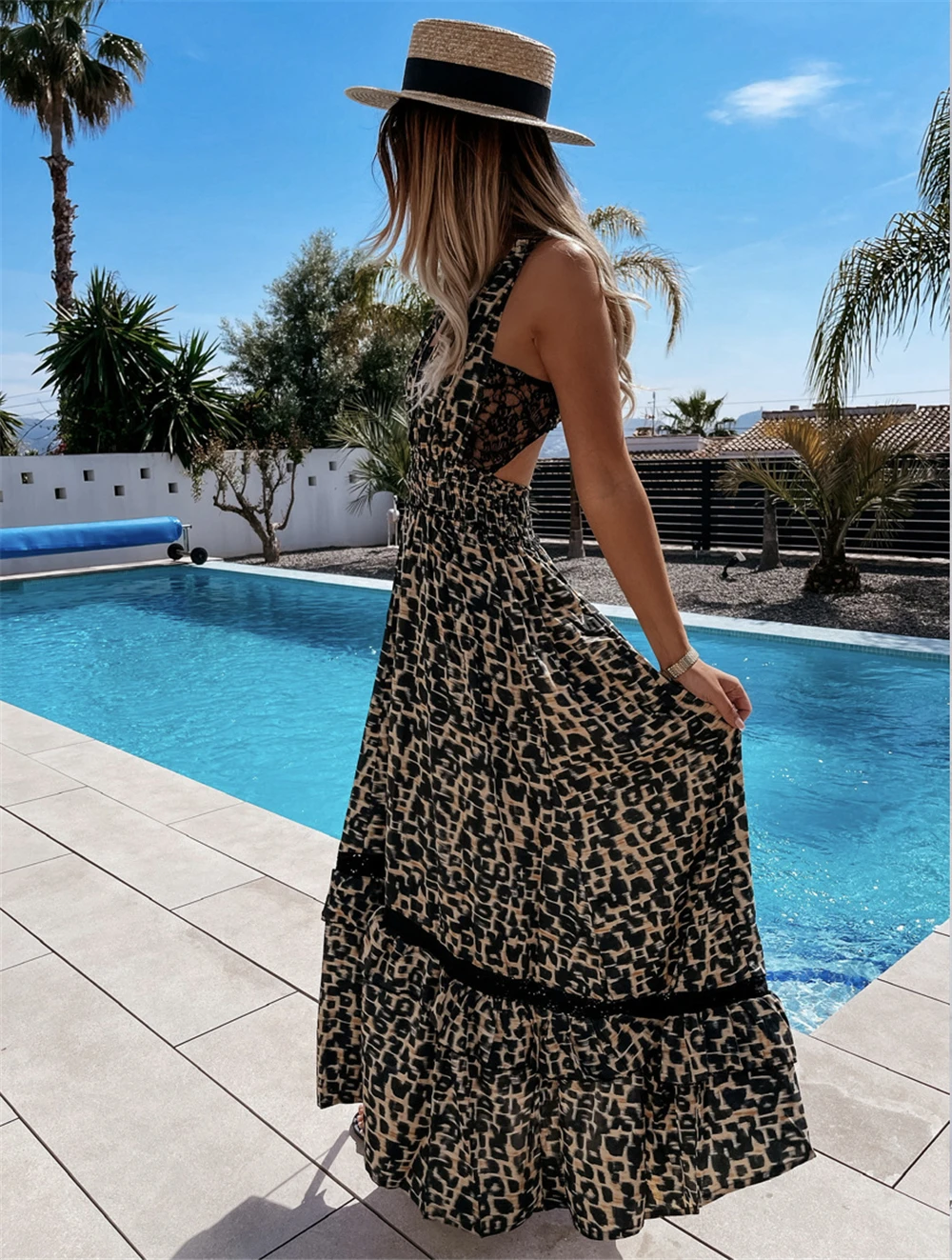 Women Casual Sleeveless Backless Boho Maxi Dress Summer Sexy V Neck Leopard Long Dress Fashion Hollow Out Lace Party Beach Dress