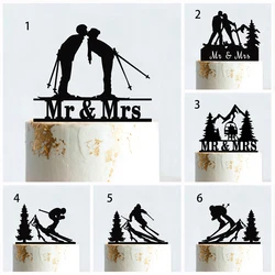 Skiing Cake Topper Mr & Mrs Wedding Party Winter Sport Fans Ski Lift Birthday Cake Decoration Couple Silhouette Acrylic Black