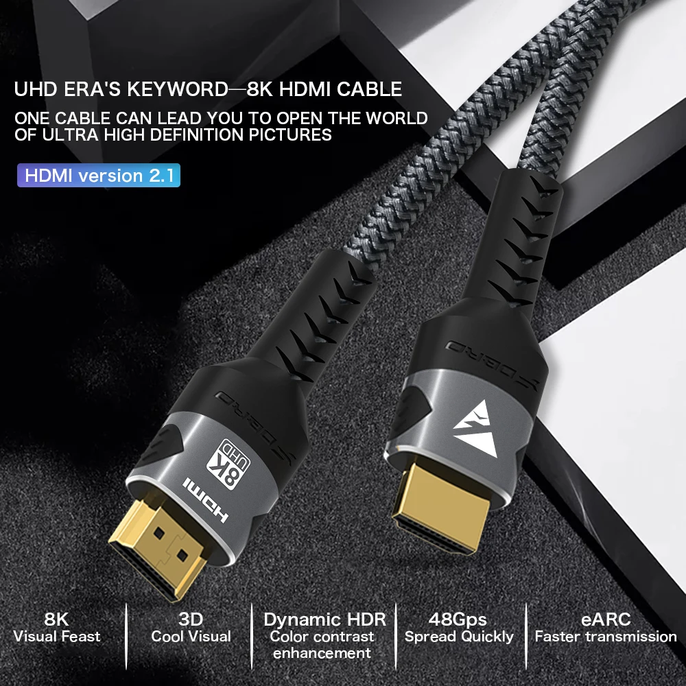 8K HDMI 2.1 Kabel 48Gbps, Hochgeschwindigkeits-HDMI Geflochtenes Kabel-4K@120Hz 8K@60Hz, DTS:X, HDCP 2.2 & 2.3, HDR 10 Kompatibel mit Roku TV/PS5 – Detail 4