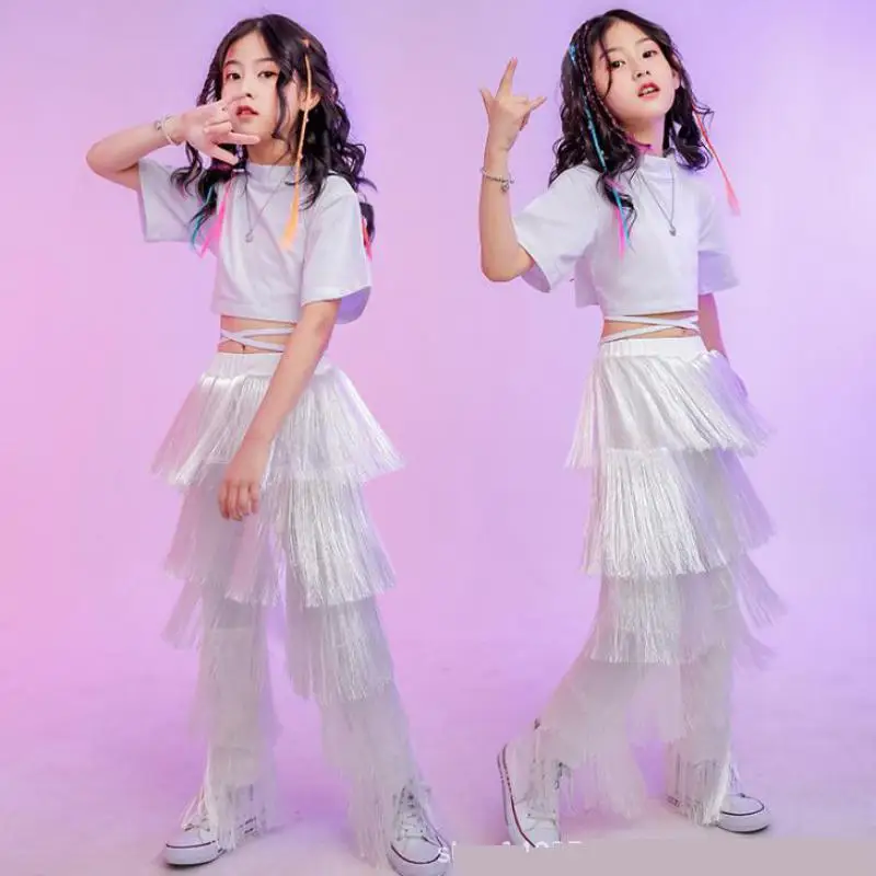 Children Hip Hop Clothing High Neck Tops Crop White Tassel Pants For Girls Kids Jazz Dance Costume Wear Ballroom Dancing Clothes