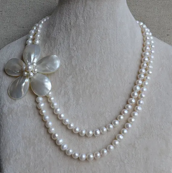 

New Favorite Pearl Necklace 2 Rows 7-8mm White Color Shell Flower Genuine Freshwater Pearl Wedding Jewelry Charming Lady Gift