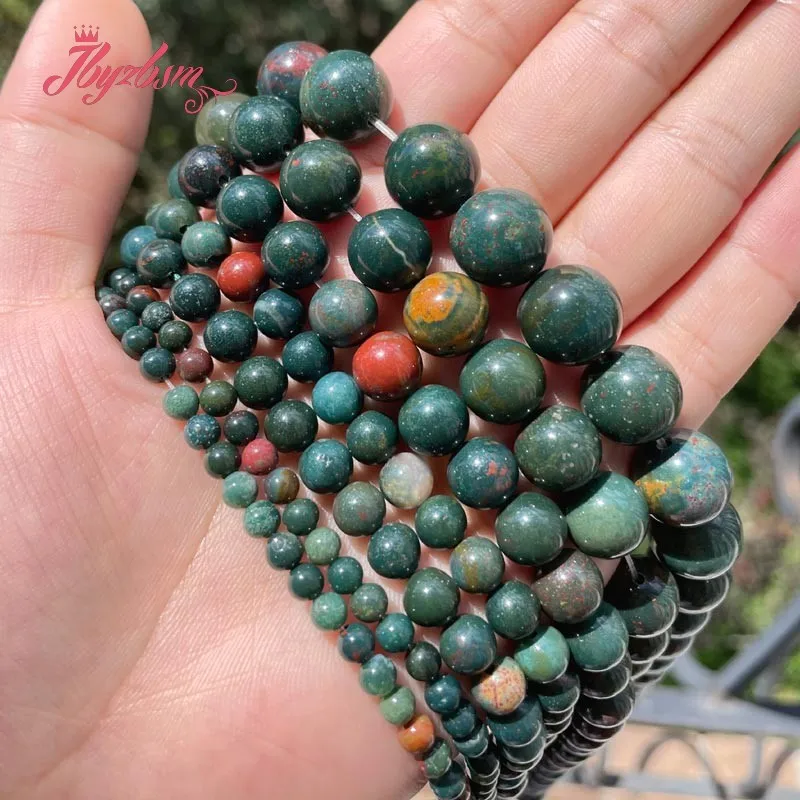 Natural Bloodstone Heliotrope Round Smooth Loose 4/6/8/10/12MM Stone Beads For DIY Necklace Bracelets Jewelry Making Strand 15\