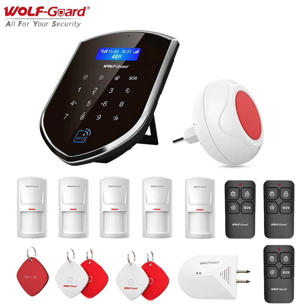 

Wolf-Guard Smart GSM Wifi Wireless House Siren DIY Home Security Burglar Alarm System RFID PIR/Water Leaking Detector Safety