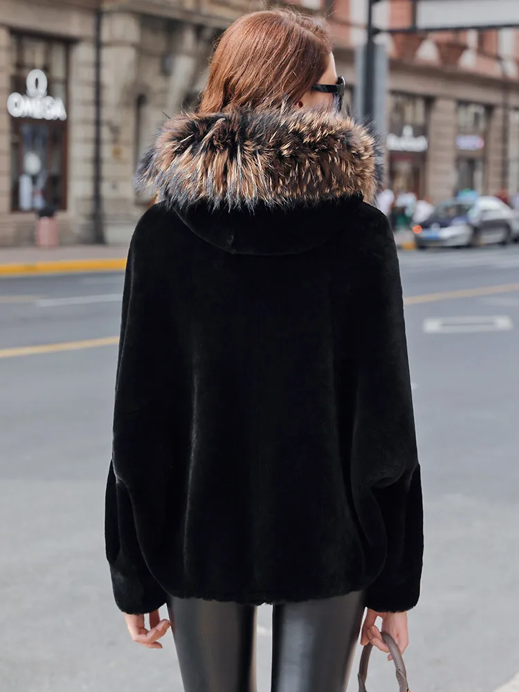 Double Faced Fur Coat Female Natural Wool Fur Coats Winter Jacket Women Raccoon Fur Collar Genuine Leather Jacket MY4462