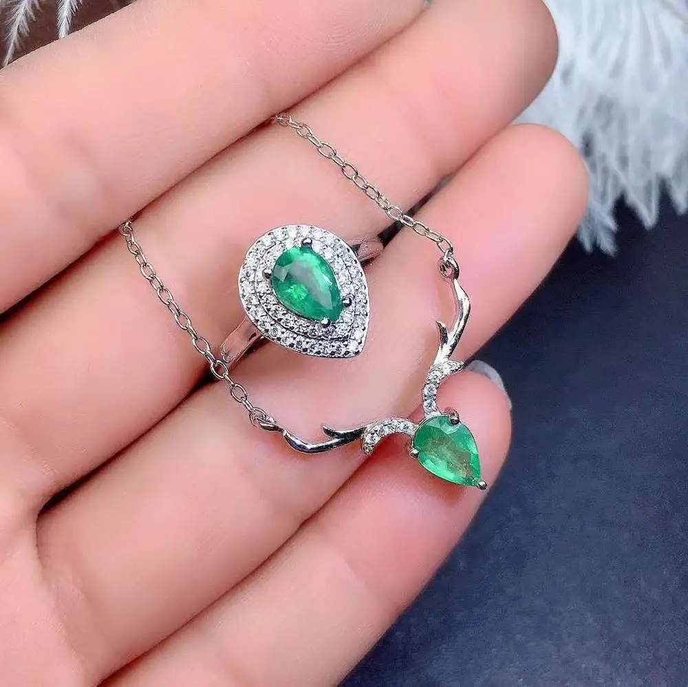 

Real Natural Emerald jewelry set Natural Real Emerald 925 sterling silver 1pc pendant,1pc ring