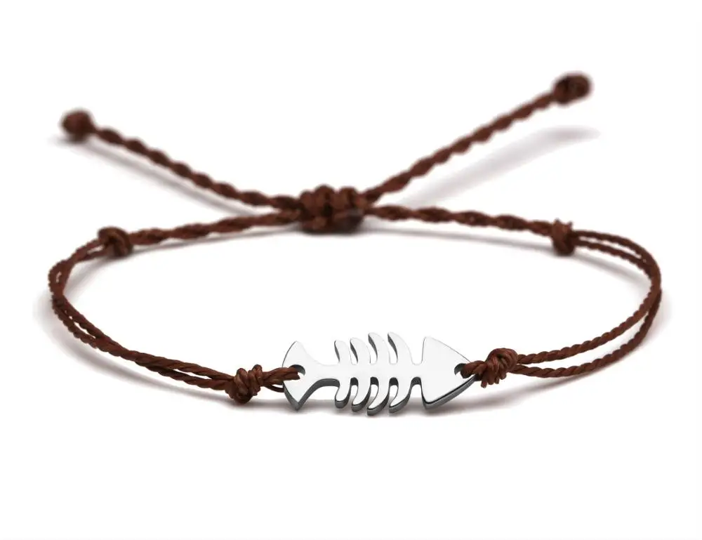Pretty Cute Stainless Steel Fish Bone Charm Bracelet Women Female White Brown Black String Pure Handmade Nautical Surf Jewelry