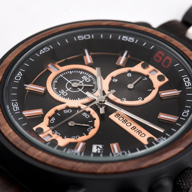 Đồng Hồ Relogio Masculino Đồng Hồ Nam BOBO Chim Gỗ Quân Sự Thép Không Gỉ Tùy Chỉnh Tên Chronograph Đồng Hồ Đeo Tay Quà Kỷ Niệm