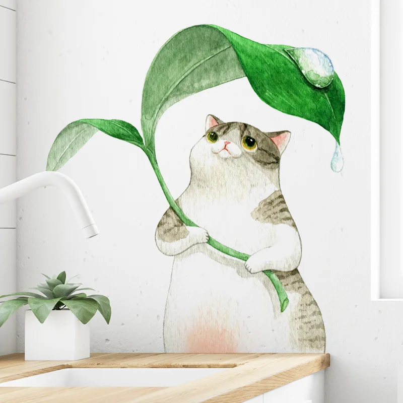 Cartoons Kitten Sheltering From Rain Wall Sticker Kids Room For Home Decoration Wallpaper Living Room Bedroom Removable Stickers