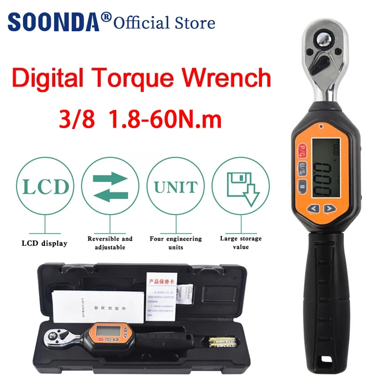 

3/8" 1.8-60Nm Adjustable Preset Digital Torque Wrench Bicycle Car Repair Tool Torque Spanner Bidirectional ratchet head