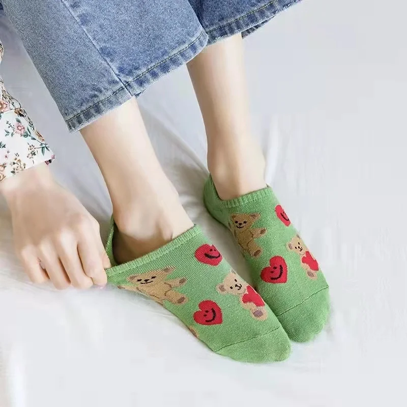 4 Pairs Of Ladies Socks Cartoon Silicone Non-slip Breathable Invisible Pure Cotton Ankle Boots Socks Women Soft Slippers Socks