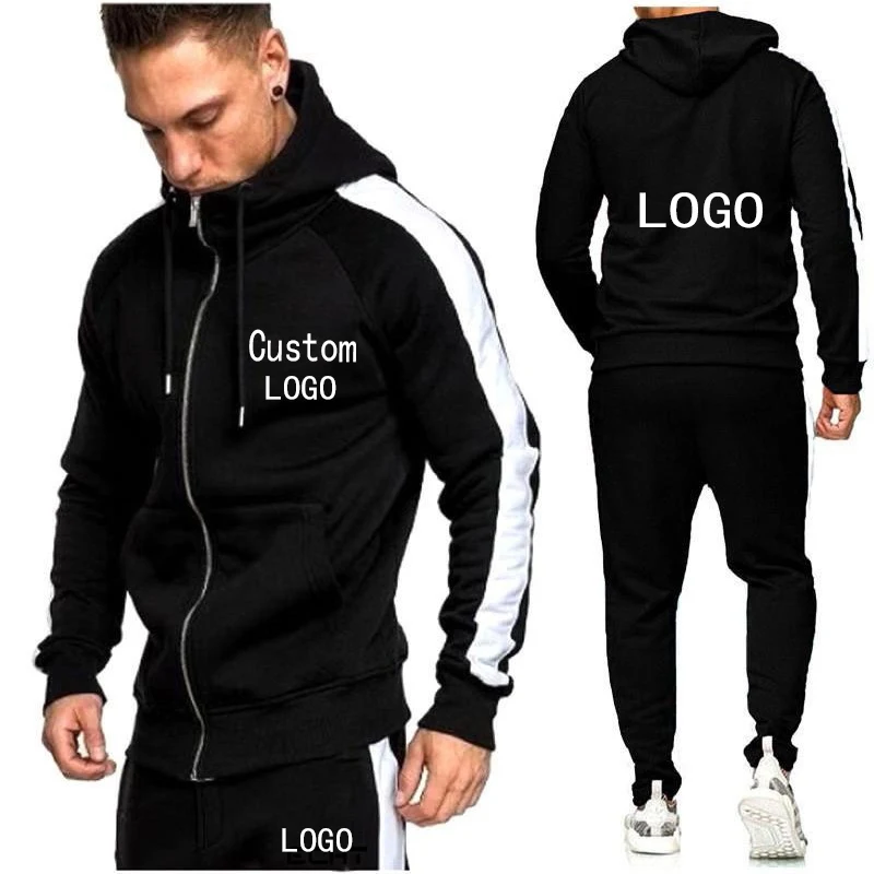 Custom Logo Men Zip Hoodies+Joggers Pants 2 Piece Tracksuit Set Running Jogging Sports Wear Hooded SweatSuit Winter Outfits