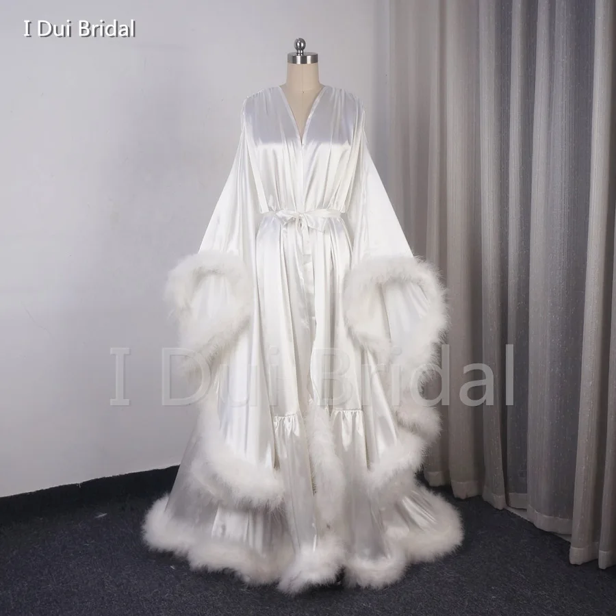 Satin Marabou Robe Long Sleeve Night Masquerade Dance Dress Homecoming Wedding Gift Boudoir Pajamas