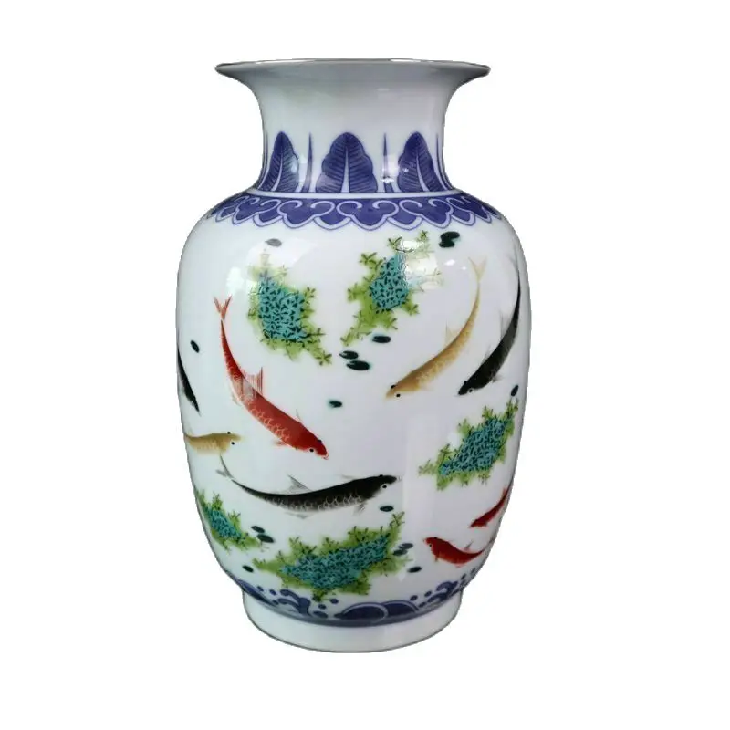 Chinese Old Porcelain Outline in Gold Blue White and Colorful Fish Pattern Vases