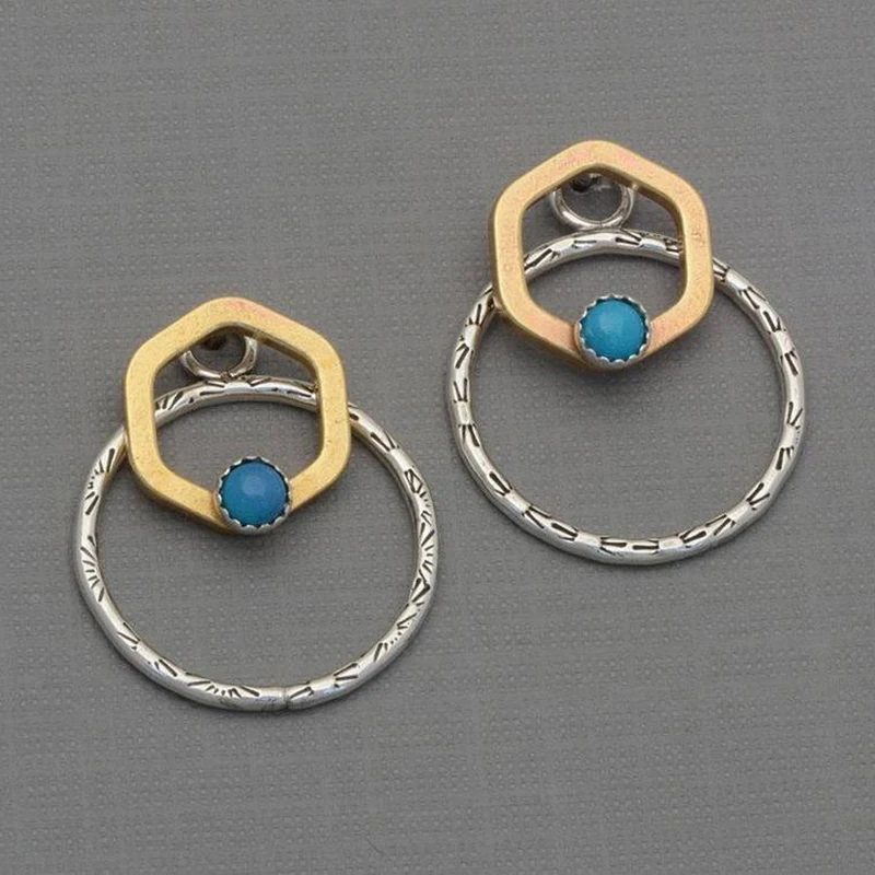 

Hexagonal Turquoise Ear Clip Earrings Simple Electroplating Thai Silver Double Face Combination Earrings Fashion Jewelry Gift