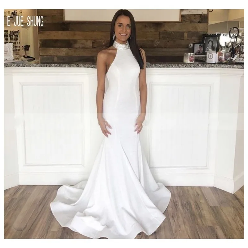 

E JUE SHUNG White Halter Mermaid Wedding Dresses Criss-Cross Back Simple Sleeveless Satin Bridal dresses vestido de noiva