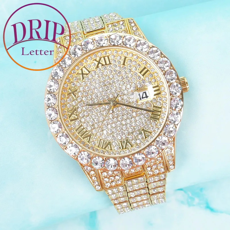 Drip Letter Big Gold Color Watch for Men Luxury Business Waterproof Hip Hop Fashion Jewely 2021 Trend