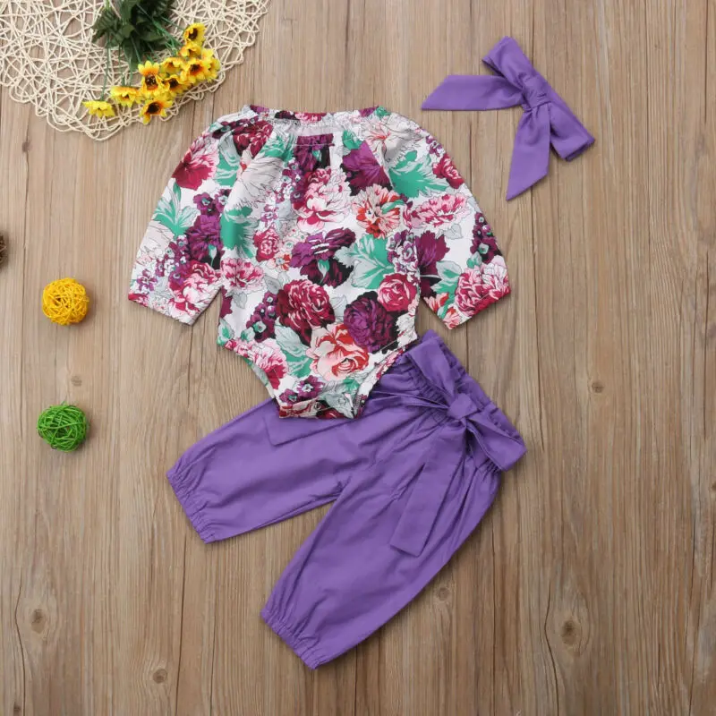 0-24M Newborn Baby Girls Long Sleeve Flower Print Romper Solid Color Pants Bow Hairband 3PCS Outfits Summer Girls Clothes Set