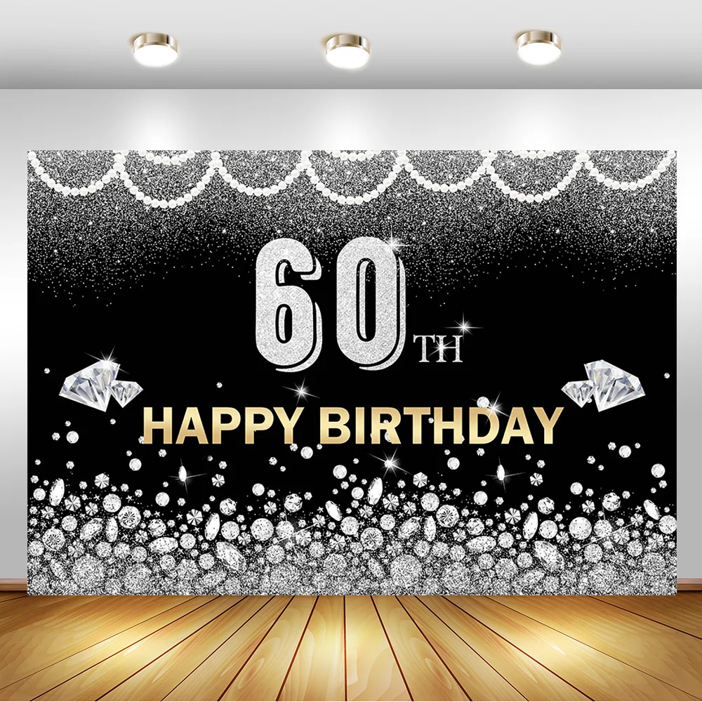 Happy 60th Birthday Backdrop Silver Glitter Diamond Pearl Sixty Birthday Party Photography Background Custom Vinyl Banner