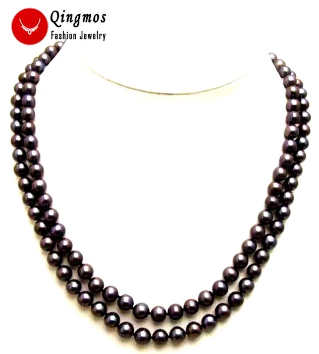 

Qingmos Fashion 7-8MM Round Natural Freshwater Black Pearl Necklace for Women Two Strands Necklace 17-18" Chokers Jewelry