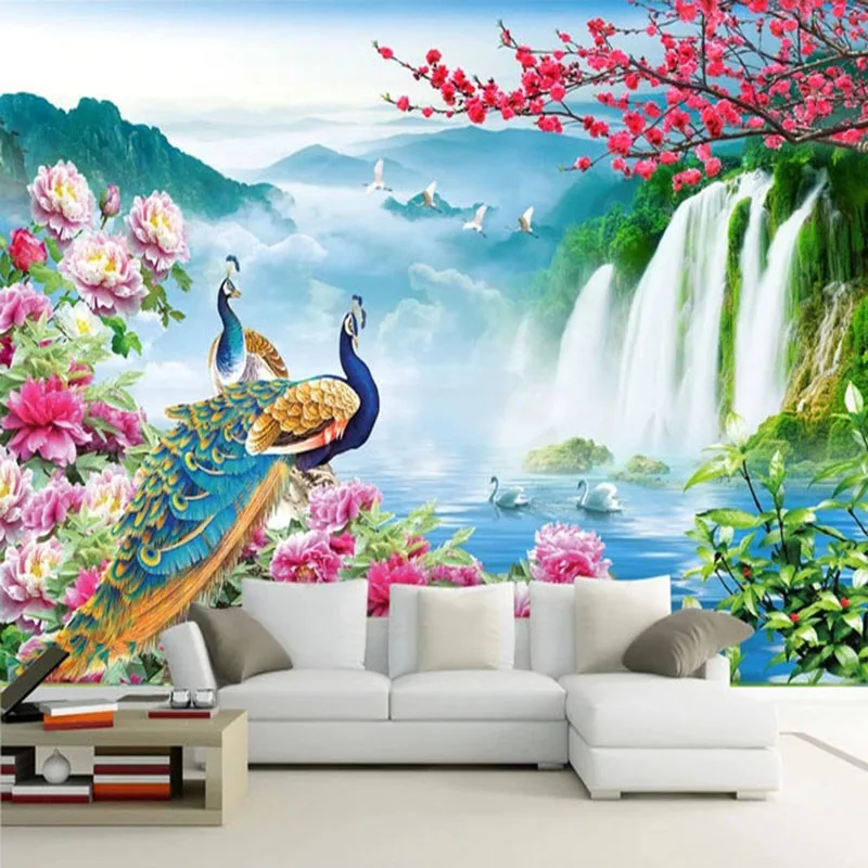 3D Pavão Pintura Paisagem, Custom Mural, Cenário da Natureza, Fresco Sala, Sofá TV, Estudo, Parede de fundo clássico, 3 D