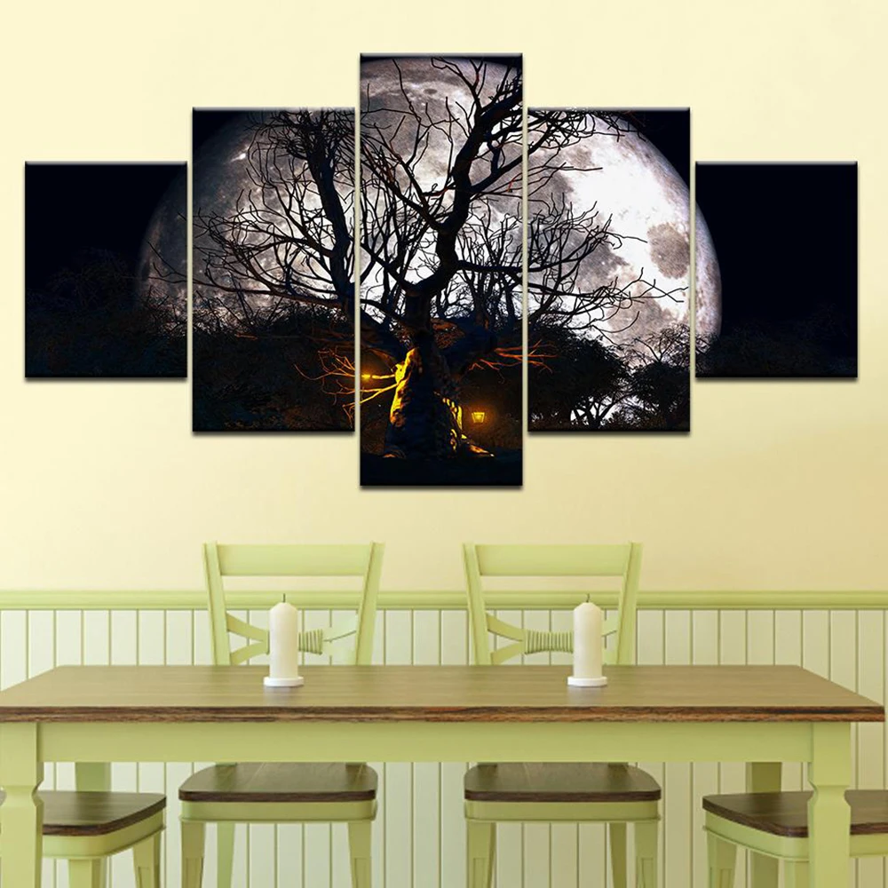 

5 Pieces Wall Art Canvas Painting Halloween Haunted Tree Full Moon Poster Nordic Decoration Home Living Room Pictures