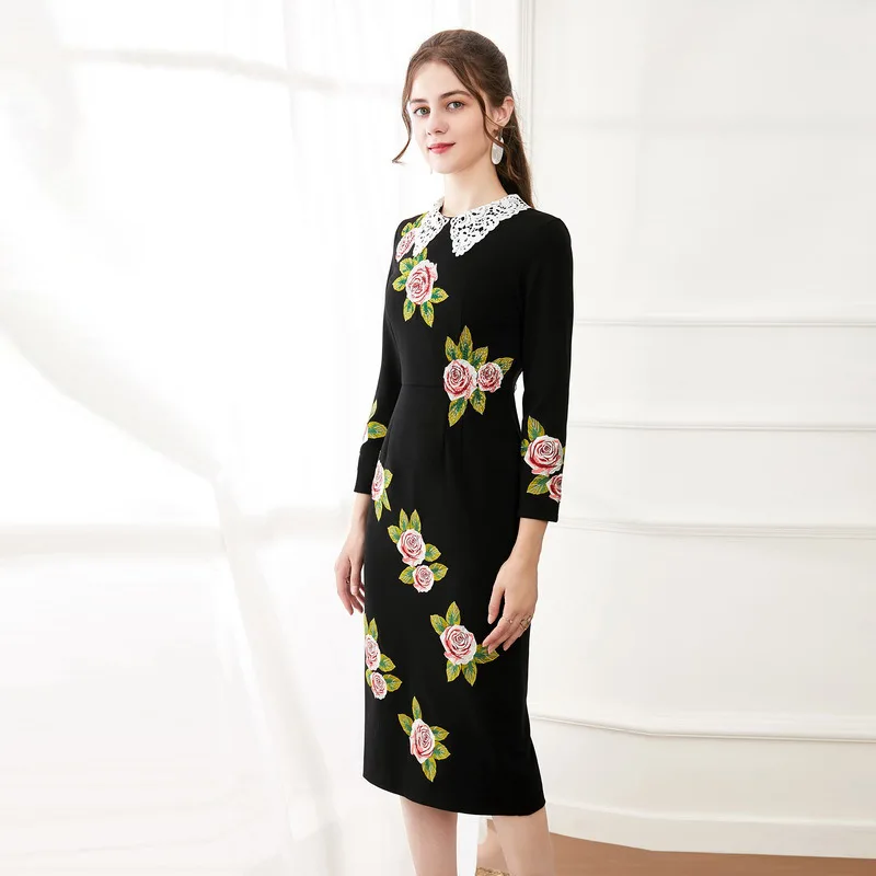 

1105 2021 Free Shipping Lapel New Spring Embroidery Above Knee Black Flora Print SH