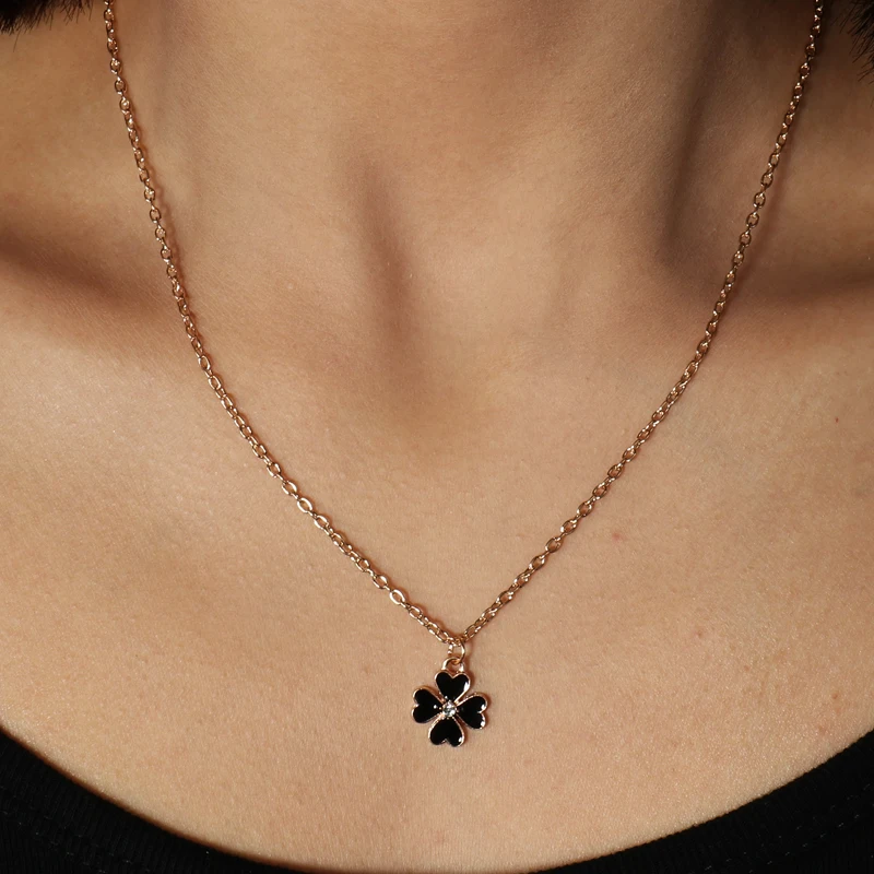 Aihua Einfache Stil Schwarz Farbe Emaille Klee Halsketten & Anhänger für Frauen Mädchen Femme Bijoux Colar Valentinstag Schmuckstück – Detail 3