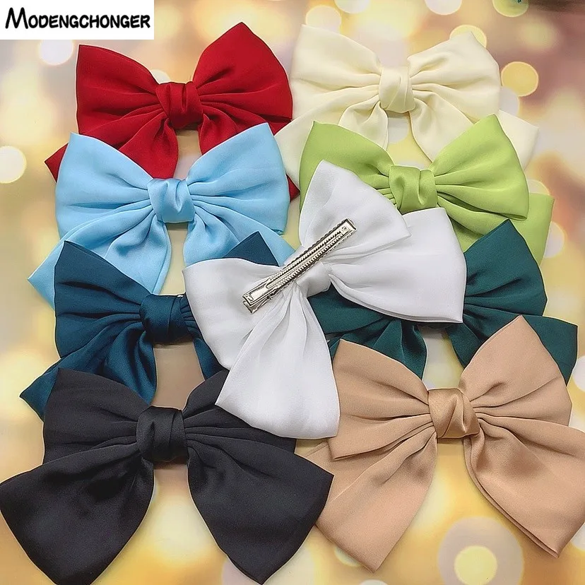 New Oversized Bow Knot Hairgrips Satin chiffon Barrette Ponytail Women Elegant Headwear Hairpins Crocodile Clip Hair Accessories