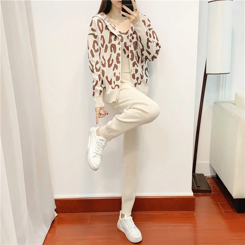 Women Knitted 3 Piece Sets Chic Leopard Print Hooded Cardigan+Crop Tops+ Knitted Harem Pants Outfits Korean Sweater Tracksuits