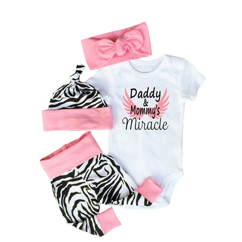 Newborn Baby girls 4PCS clothing Sets   Daddy & Mommy's Miracle Bodysuit + Zebra Pants+Hat +Headband Infant Toddle Girls Outfit