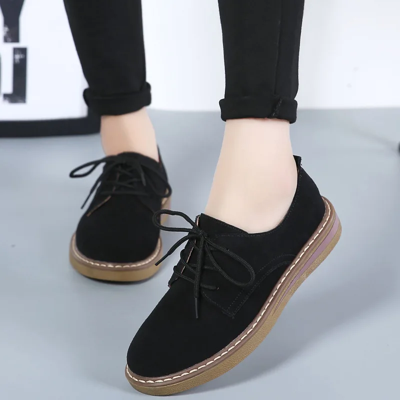 2022 Spring Women Flats Shoes Women Sneakers Leather Suede Lace Up Boat Shoes Round Toe Flats Moccasins Oxford For Women