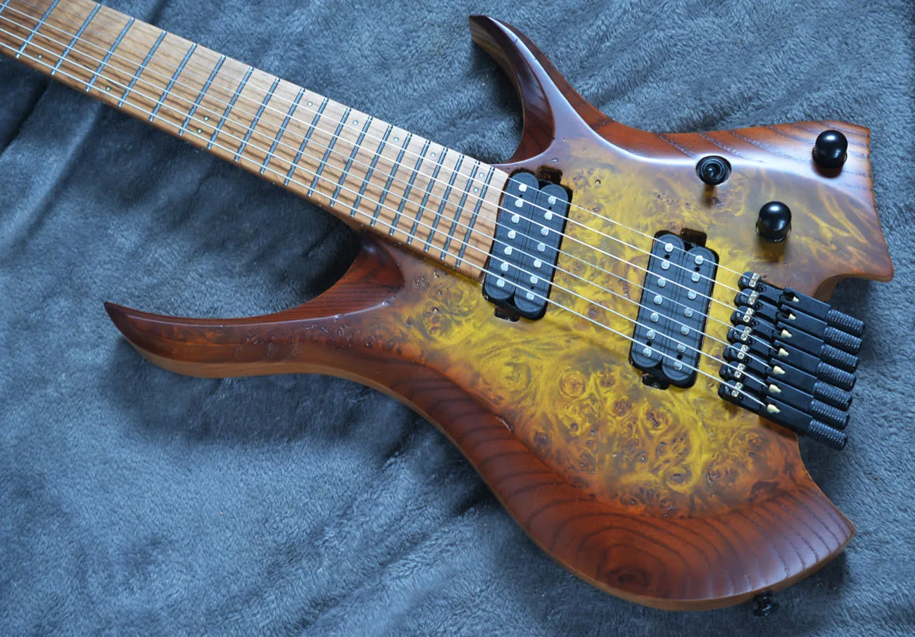 2021 new Fanned frets 7 Strings Headless Electric Guitar  brow burst color  Roasted Maple Neck Ergonomic asymmetric neck