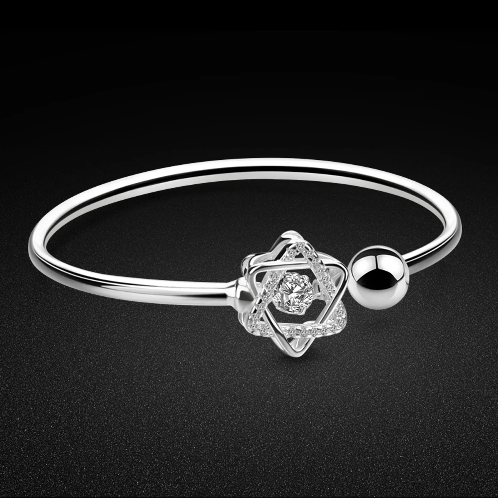 Fashion Luxury Six-pointed Star Zircon Bracelet 925 Sterling Silver Bracelet Real Solid Silver Open Bangle Freely Adjustable