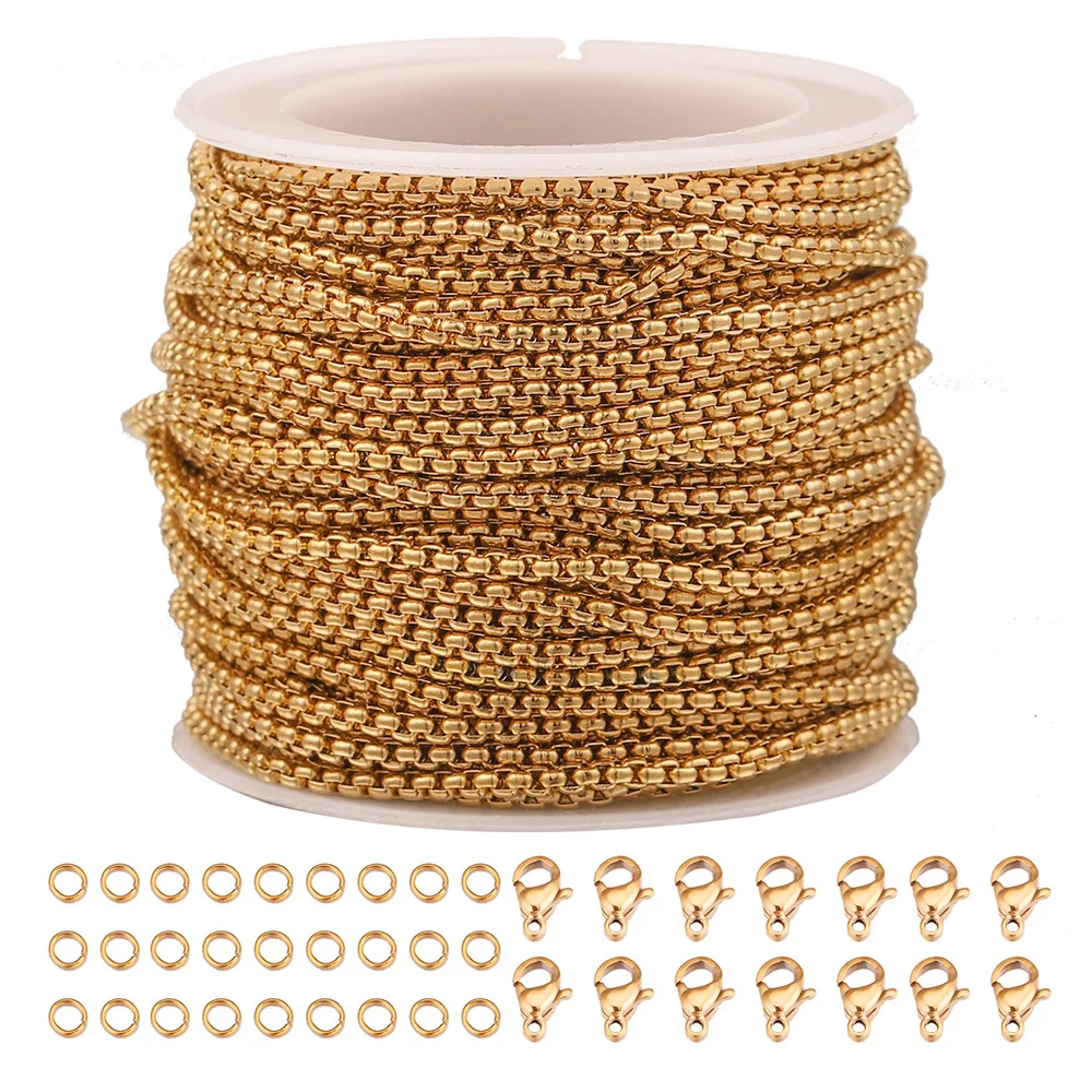 10m Stainless Steel Gold Box Chains Jump Ring and Lobster Clasp Jewelry Set for DIY Necklace Bracelet Anklet Making Wholesale