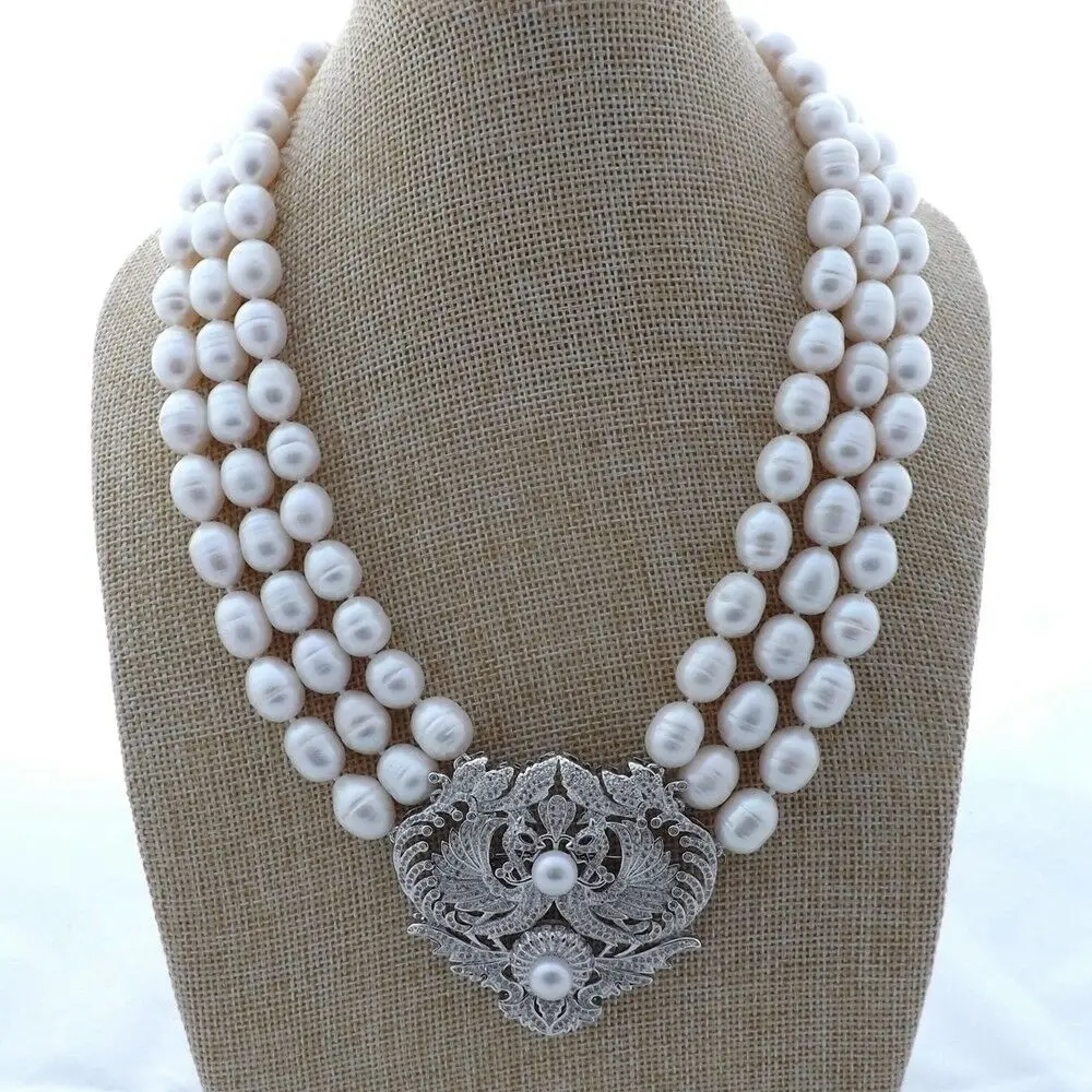 

18'' 3 Strands 8-9mm White freshwater Rice Pearl Necklace zircon Pendant