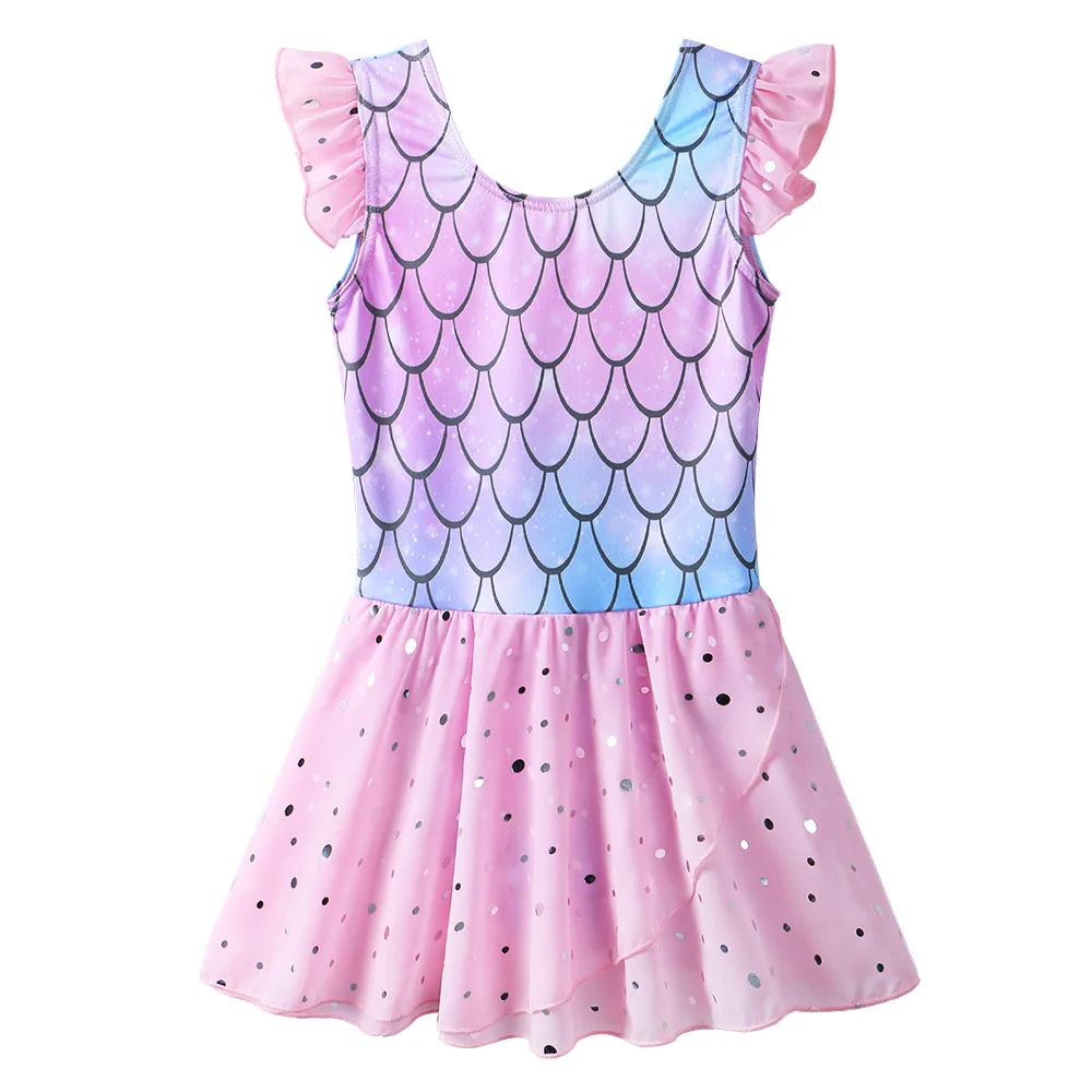 BAOHULU Girls Cotton Skirt Leotard Cartoon Fish Scale Print Ballet Dance Dress Kids Sequin Tulle Short Sleeve Dresses for Girls